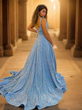 A-Line/Princess Velvet Sequins Ruffles Straps Sleeveless Court Train Dresses Prom Evening Dress