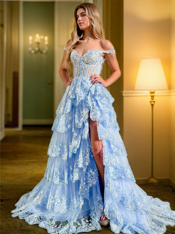 Vestido de noche de graduación con corte A/princesa, sin mangas, con tirantes de tul y encaje