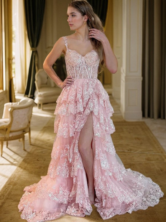 Vestido de noche de graduación con corte A/princesa, sin mangas, con tirantes de tul y encaje