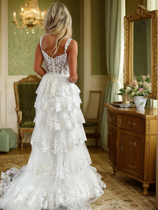 Vestido de noche de graduación con corte A/princesa, sin mangas, con tirantes de tul y encaje