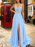 A-Line/Princess Chiffon Applique Straps Sleeveless Sweep/Brush Train Dresses Prom Evening Dress