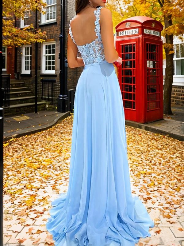 A-Line/Princess Chiffon Applique Straps Sleeveless Sweep/Brush Train Dresses Prom Evening Dress