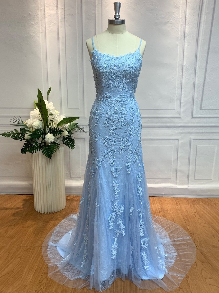 Sheath/Column Lace Applique Spaghetti Straps Sleeveless Sweep/Brush Train Dresses Prom Evening Dress