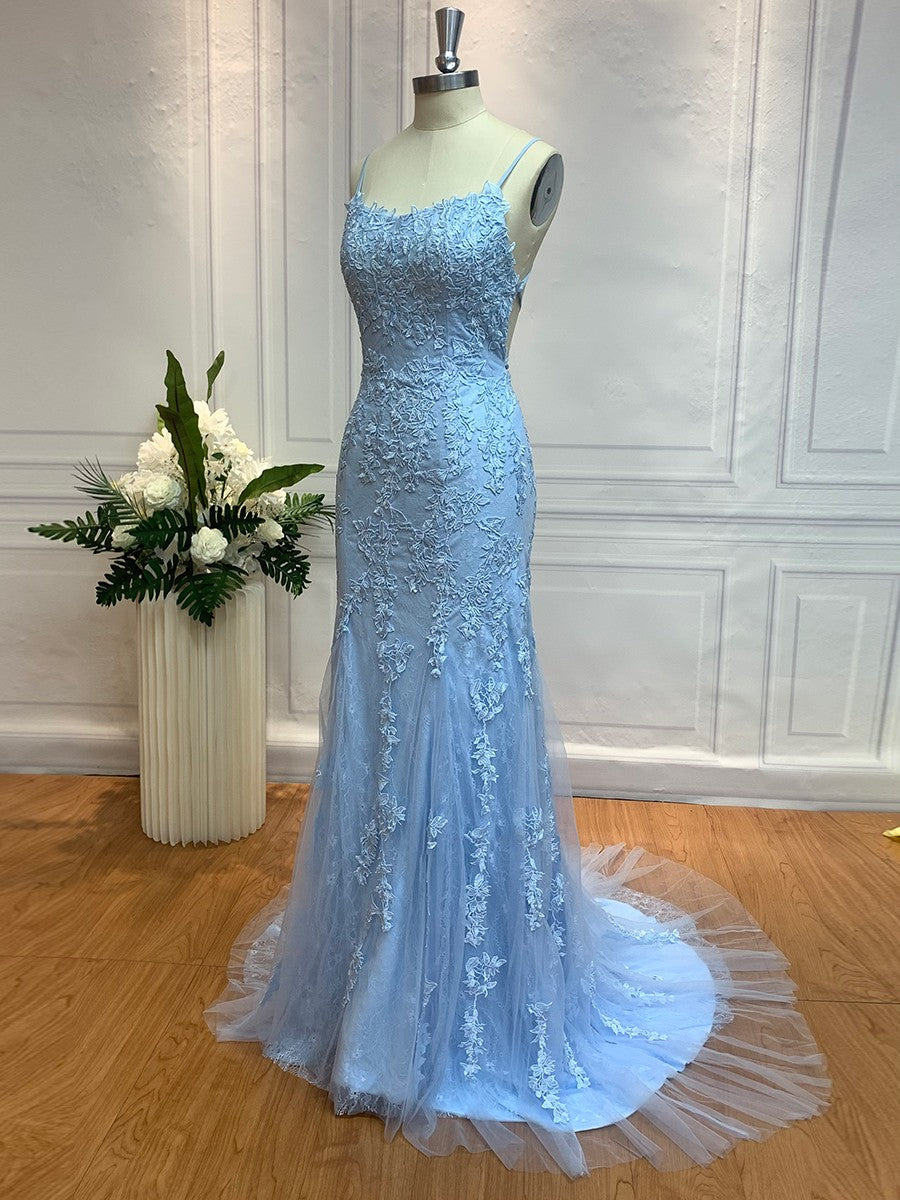 Sheath/Column Lace Applique Spaghetti Straps Sleeveless Sweep/Brush Train Dresses Prom Evening Dress