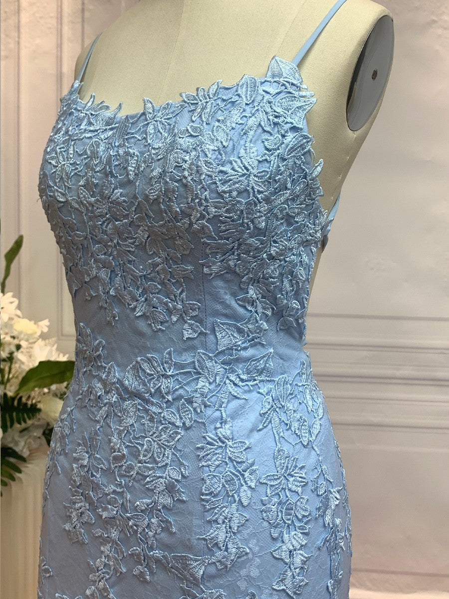 Sheath/Column Lace Applique Spaghetti Straps Sleeveless Sweep/Brush Train Dresses Prom Evening Dress