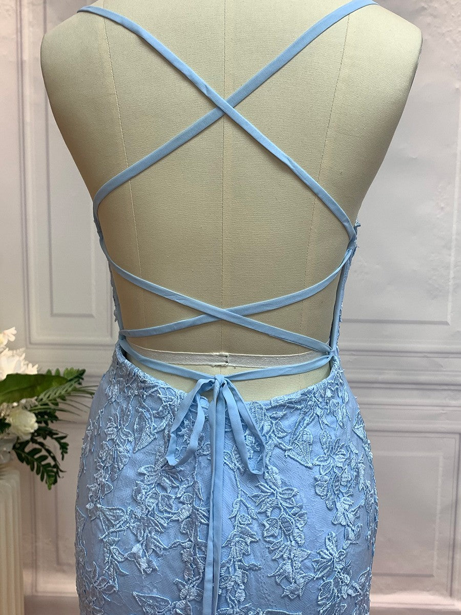 Sheath/Column Lace Applique Spaghetti Straps Sleeveless Sweep/Brush Train Dresses Prom Evening Dress