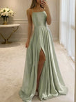 A-Line/Princess Silk like Satin Ruffles Spaghetti Straps Sleeveless Sweep/Brush Train Dresses Prom Evening Dress