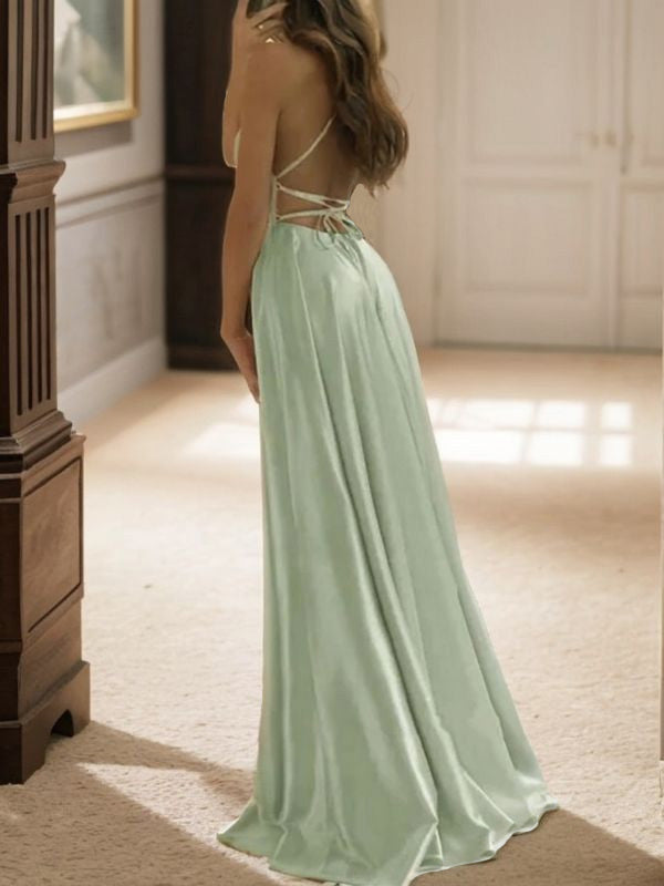 A-Line/Princess Silk like Satin Ruffles Spaghetti Straps Sleeveless Sweep/Brush Train Dresses Prom Evening Dress