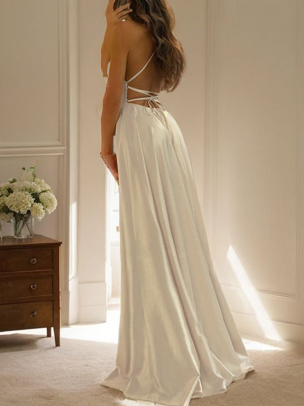 A-Line/Princess Silk like Satin Ruffles Spaghetti Straps Sleeveless Sweep/Brush Train Dresses Prom Evening Dress