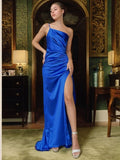 Sheath/Column Silk like Satin Ruched One-Shoulder Sleeveless Sweep/Brush Train Dresses Prom Evening Dress