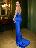 Sheath/Column Silk like Satin Ruched One-Shoulder Sleeveless Sweep/Brush Train Dresses Prom Evening Dress