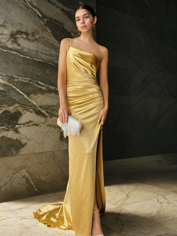 Sheath/Column Silk like Satin Ruched One-Shoulder Sleeveless Sweep/Brush Train Dresses Prom Evening Dress