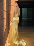 Sheath/Column Silk like Satin Ruched One-Shoulder Sleeveless Sweep/Brush Train Dresses Prom Evening Dress