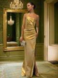 Sheath/Column Silk like Satin Ruched One-Shoulder Sleeveless Sweep/Brush Train Dresses Prom Evening Dress