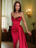 Sheath/Column Silk like Satin Ruched Sweetheart Sleeveless Sweep/Brush Train Dresses Prom Evening Dress