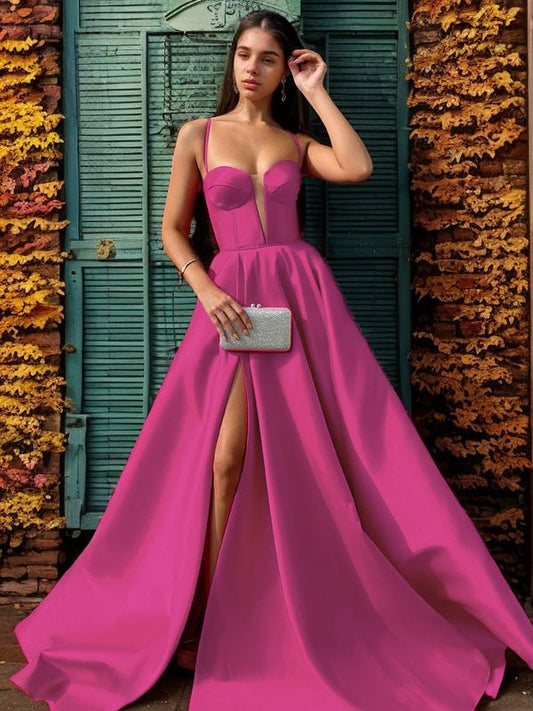 A-Line/Princess Satin Spaghetti Straps Sleeveless Sweep/Brush Train Dresses Prom Evening Dress