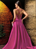 A-Line/Princess Satin Spaghetti Straps Sleeveless Sweep/Brush Train Dresses Prom Evening Dress