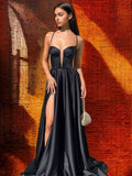 A-Line/Princess Satin Spaghetti Straps Sleeveless Sweep/Brush Train Dresses Prom Evening Dress