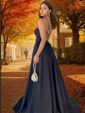A-Line/Princess Satin Spaghetti Straps Sleeveless Sweep/Brush Train Dresses Prom Evening Dress