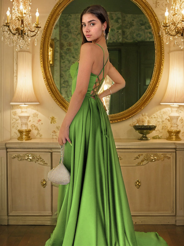 A-Line/Princess Satin Spaghetti Straps Sleeveless Sweep/Brush Train Dresses Prom Evening Dress