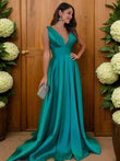 A-Line/Princess Satin Ruffles V-neck Sleeveless Sweep/Brush Train Mother of the Bride Dresses