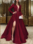 A-Line/Princess Satin Ruffles V-neck Long Sleeves Floor-Length Dresses Prom Evening Dress