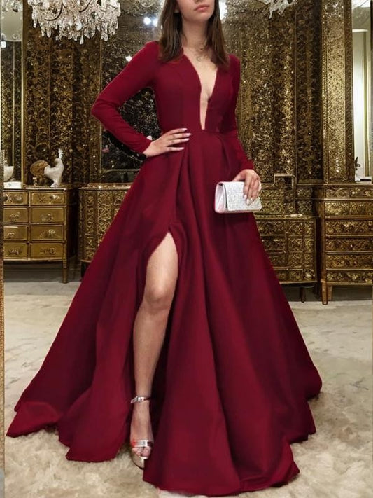 A-Line/Princess Satin Ruffles V-neck Long Sleeves Floor-Length Dresses Prom Evening Dress