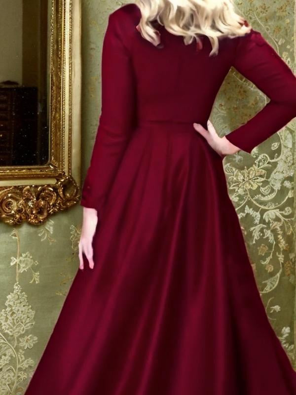 A-Line/Princess Satin Ruffles V-neck Long Sleeves Floor-Length Dresses Prom Evening Dress