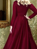 A-Line/Princess Satin Ruffles V-neck Long Sleeves Floor-Length Dresses Prom Evening Dress
