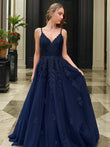 A-Line/Princess Tulle Applique V-neck Sleeveless Sweep/Brush Train Evening Dresses Prom Dress