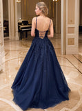 A-Line/Princess Tulle Applique V-neck Sleeveless Sweep/Brush Train Evening Dresses Prom Dress