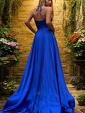 A-Line/Princess Silk like Satin Ruffles V-neck Sleeveless Sweep/Brush Train Evening Dresses Prom Dress
