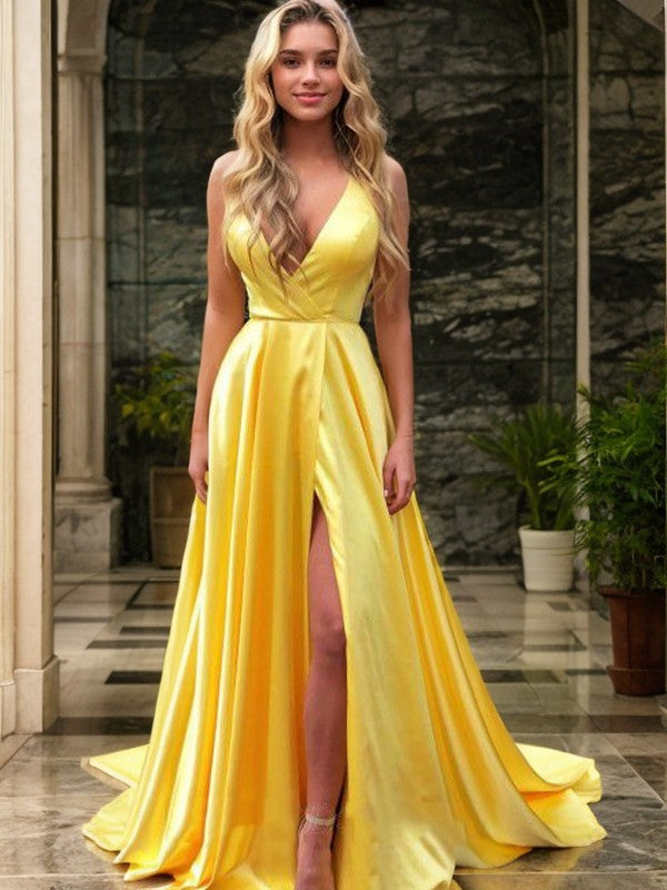 A-Line/Princess Silk like Satin Ruffles V-neck Sleeveless Sweep/Brush Train Evening Dresses Prom Dress
