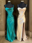 Sheath/Column Silk like Satin Pleats Spaghetti Straps Sleeveless Sweep/Brush Train Dresses Prom Evening Dress