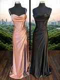 Sheath/Column Silk like Satin Pleats Spaghetti Straps Sleeveless Sweep/Brush Train Dresses Prom Evening Dress