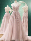 A-Line/Princess Tulle Applique V-neck Sleeveless Sweep/Brush Train Dresses Prom Evening Dress