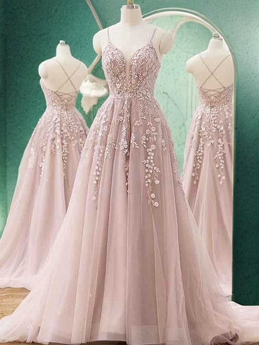 A-Line/Princess Tulle Applique V-neck Sleeveless Sweep/Brush Train Dresses Prom Evening Dress