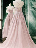 A-Line/Princess Tulle Applique V-neck Sleeveless Sweep/Brush Train Dresses Prom Evening Dress