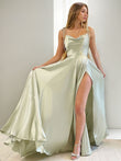 A-Line/Princess Silk like Satin Ruffles Spaghetti Straps Sleeveless Sweep/Brush Train Evening Dresses Prom Dress