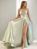 A-Line/Princess Silk like Satin Ruffles Spaghetti Straps Sleeveless Sweep/Brush Train Evening Dresses Prom Dress
