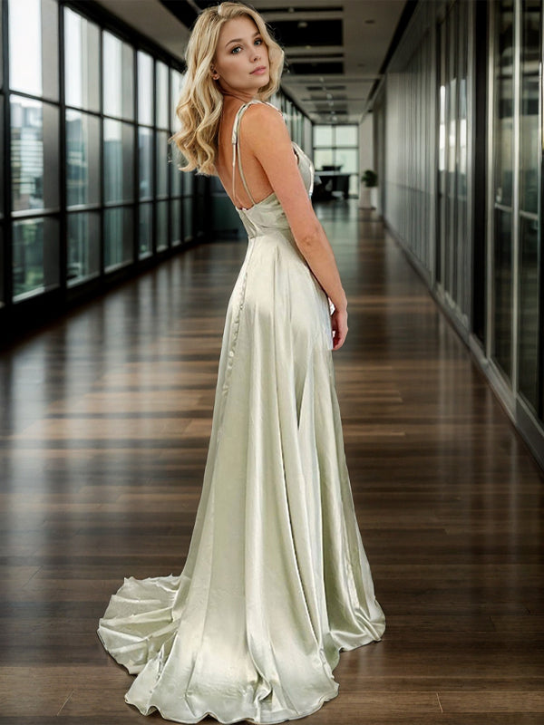 A-Line/Princess Silk like Satin Ruffles Spaghetti Straps Sleeveless Sweep/Brush Train Evening Dresses Prom Dress