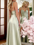 A-Line/Princess Silk like Satin Ruffles Spaghetti Straps Sleeveless Sweep/Brush Train Evening Dresses Prom Dress