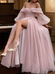 A-Line/Princess Tulle Ruched Off-the-Shoulder Long Sleeves Sweep/Brush Train Dresses Prom Evening Dress