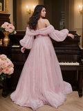A-Line/Princess Tulle Ruched Off-the-Shoulder Long Sleeves Sweep/Brush Train Dresses Prom Evening Dress