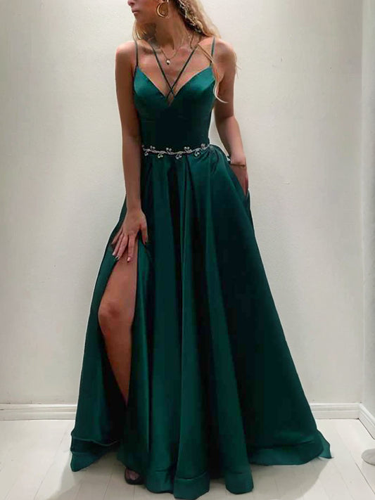 A-Line/Princess Silk like Satin Spaghetti Straps Sleeveless Sweep/Brush Train Dresses Prom Evening Dress