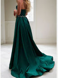 A-Line/Princess Silk like Satin Spaghetti Straps Sleeveless Sweep/Brush Train Dresses Prom Evening Dress