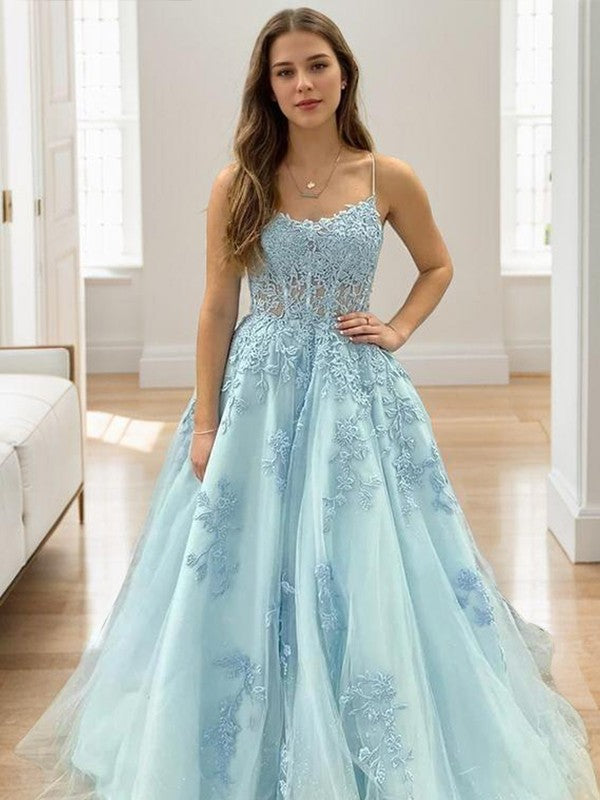 A-Line/Princess Tulle Applique Spaghetti Straps Sleeveless Floor-Length Corset Dresses Prom Evening Dress