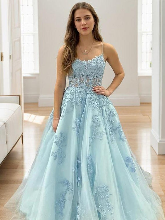 A-Line/Princess Tulle Applique Spaghetti Straps Sleeveless Floor-Length Corset Dresses Prom Evening Dress