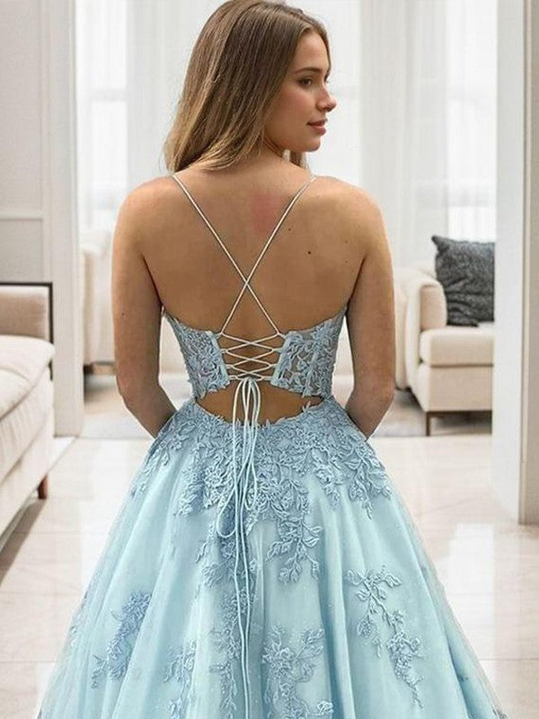 A-Line/Princess Tulle Applique Spaghetti Straps Sleeveless Floor-Length Corset Dresses Prom Evening Dress