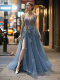 A-Line/Princess Tulle Applique V-neck Sleeveless Sweep/Brush Train Dresses Prom Evening Dress